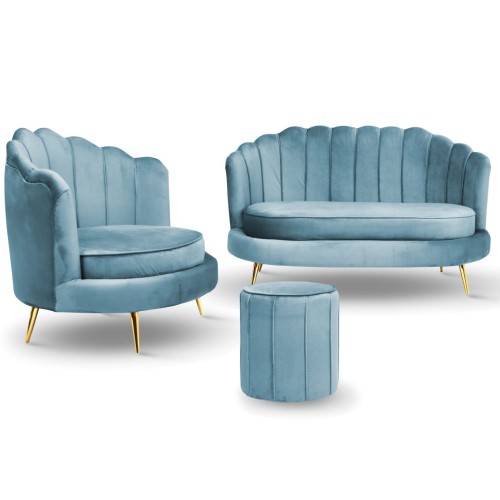 Zestaw LIVIA: sofa, fotel muszelka i pufa w kolorze niebieskim