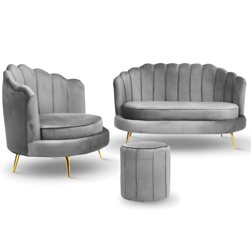 Zestaw LIVIA: sofa, fotel muszelka i pufa w kolorze szarym