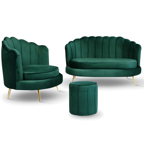 Zestaw LIVIA: sofa, fotel muszelka i pufa w kolorze zielonym
