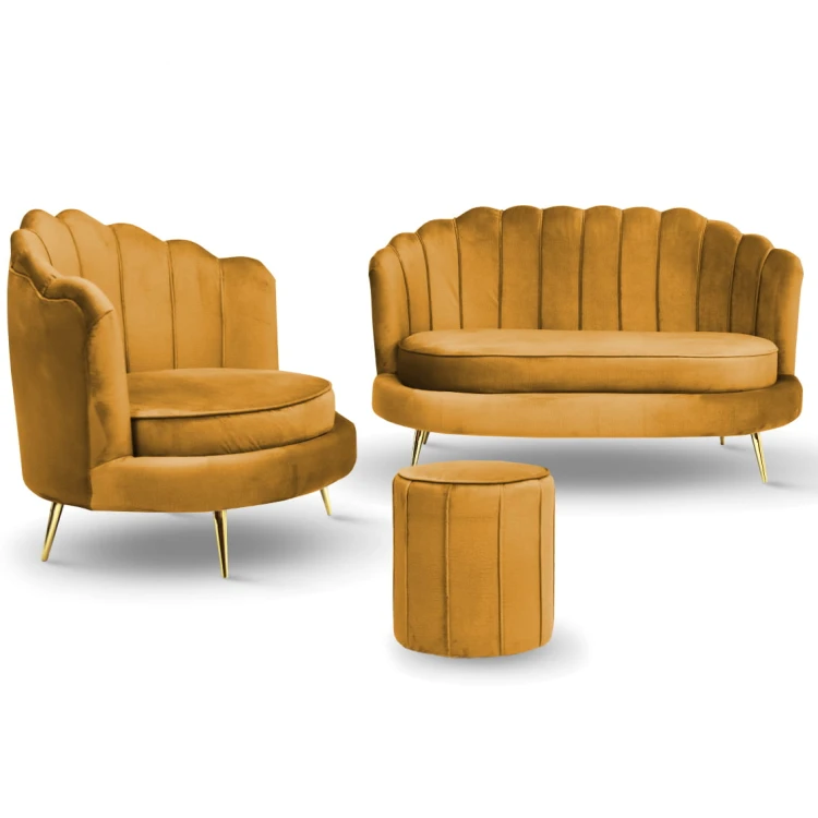 Zestaw LIVIA: sofa, fotel muszelka i pufa w kolorze żółtym