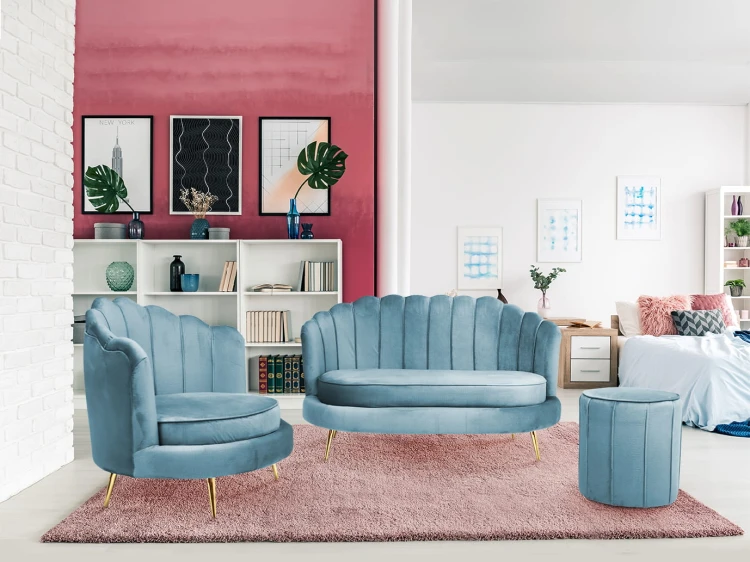 Zestaw LIVIA: sofa, fotel muszelka i pufa w kolorze niebieskim