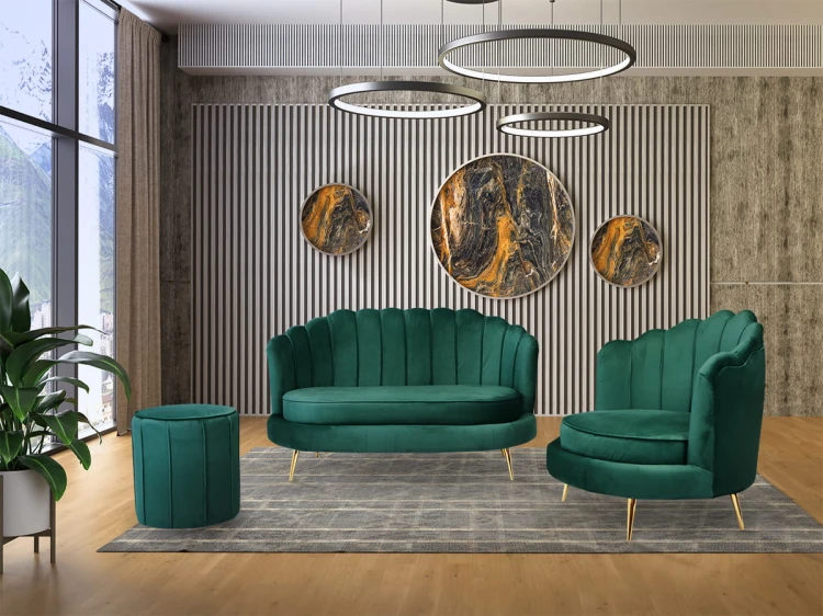 Zestaw LIVIA: sofa, fotel muszelka i pufa w kolorze zielonym