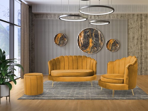 Zestaw LIVIA: sofa, fotel muszelka i pufa w kolorze żółtym