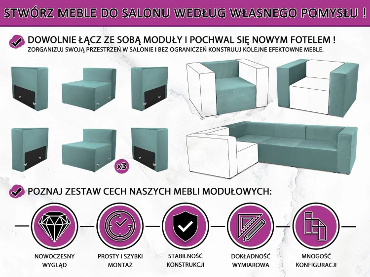 Fotel tapicerowany LEON w kolorze morskim - segment do zestawu mebli modułowych: siedzisko i oparcie