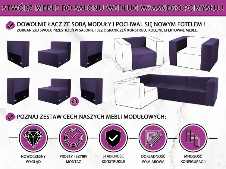 Fotel tapicerowany LEON w kolorze fioletowym - segment do zestawu mebli modułowych: siedzisko i oparcie