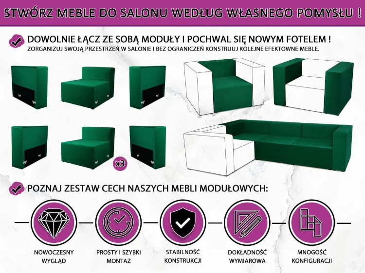 Fotel tapicerowany LEON w kolorze zielonym - segment do zestawu mebli modułowych: siedzisko i oparcie