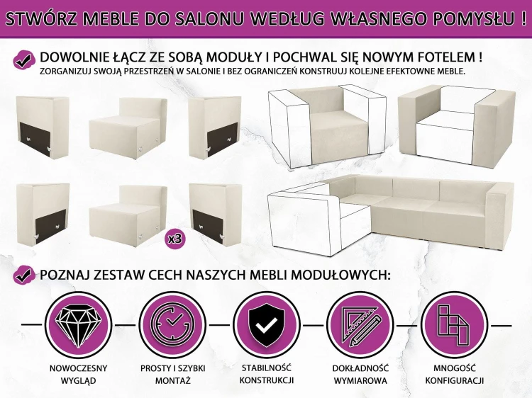 Fotel tapicerowany LEON w kolorze kremowym - segment do zestawu mebli modułowych: siedzisko i oparcie