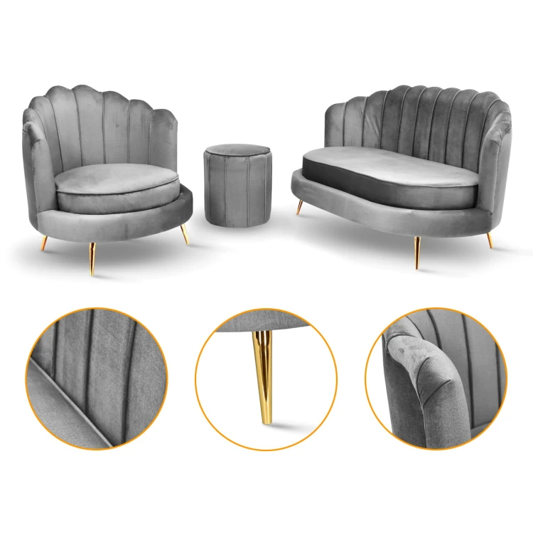 Zestaw LIVIA: sofa, fotel muszelka i pufa w kolorze szarym