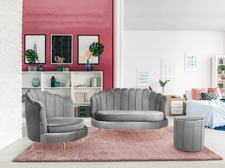 Zestaw LIVIA: sofa, fotel muszelka i pufa w kolorze szarym