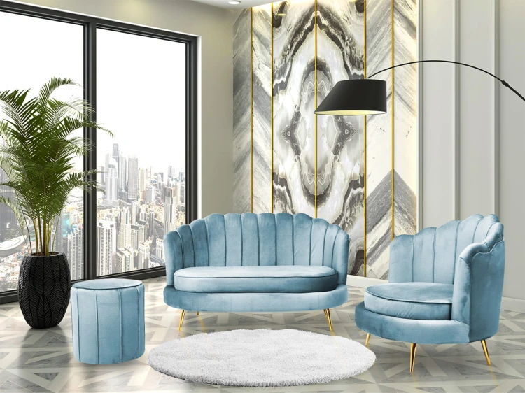 Zestaw LIVIA: sofa, fotel muszelka i pufa w kolorze niebieskim