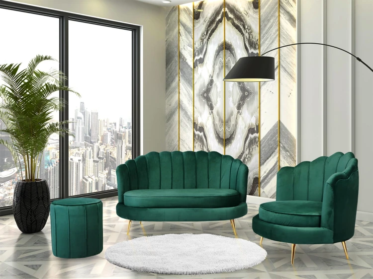 Zestaw LIVIA: sofa, fotel muszelka i pufa w kolorze zielonym