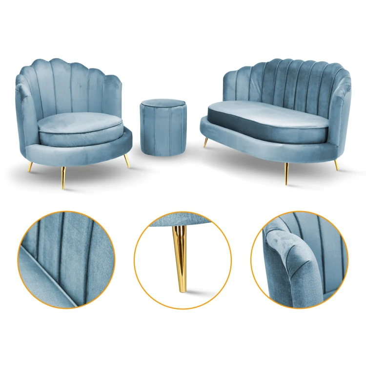 Zestaw LIVIA: sofa, fotel muszelka i pufa w kolorze niebieskim