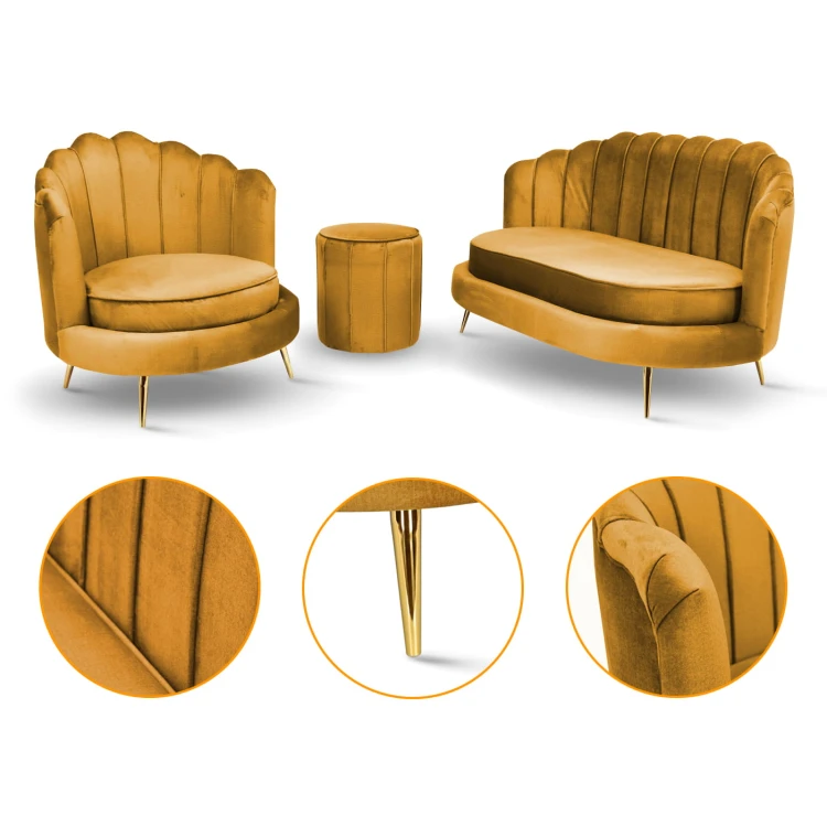 Zestaw LIVIA: sofa, fotel muszelka i pufa w kolorze żółtym