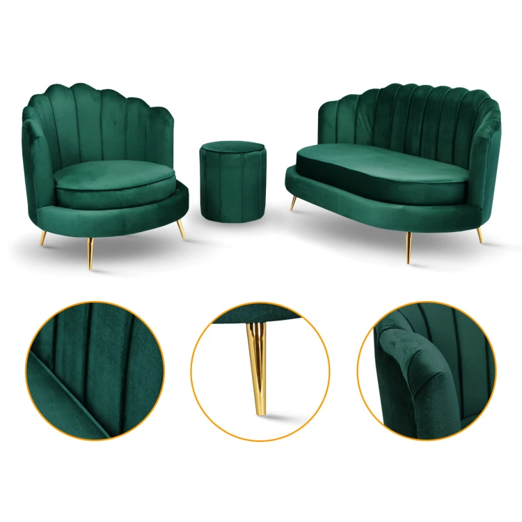 Zestaw LIVIA: sofa, fotel muszelka i pufa w kolorze zielonym