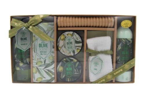 Aurora Zestaw prezentowy Masażer Oliwka Żel 260 ml + Balsam 260 ml + Sól 100g + Peeling 50 ml + Masło 50 ml + Masażer + Ręcznik